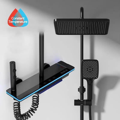 Black shower system with digital controller and various nozzles on a gray background, featuring 'Constant Temperature' logo.