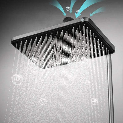 Luxury Shower Thermostat System Set with Digital Temperature Display showcasing a modern rainfall showerhead design.