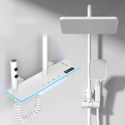 Luxury Shower Thermostat System Set with Digital Temperature Display featuring a sleek control panel and modern shower head.