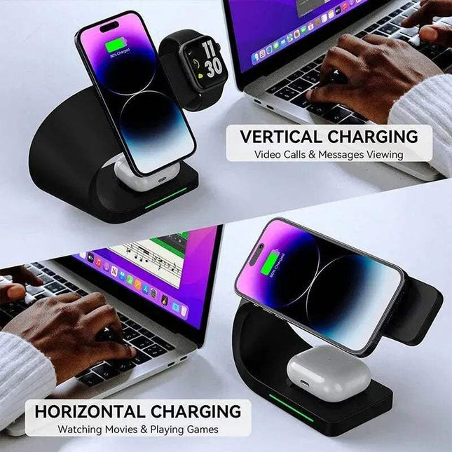 Collage of a vertical and horizontal charging Magnetic Wireless Charger Stand 15W with smartphone, watch, and laptop.