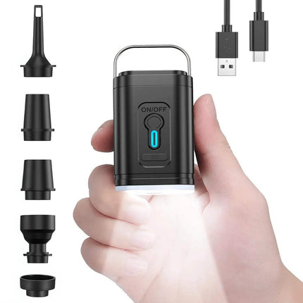 Black handheld Mini Electric Air Pump for Fast Inflation & Portable Use with USB cable and various nozzles on a white background