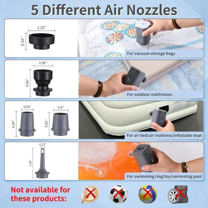 Mini Electric Air Pump Five different air nozzles with usage examples and dimensions on a blue background.