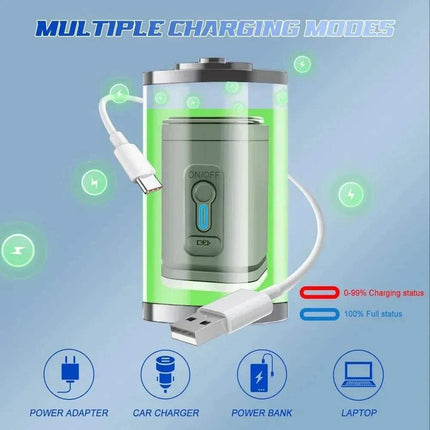 Mini Electric Air Pump with USB cable on a blue background, showing multiple charging modes.