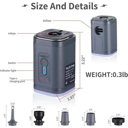 Detailed view of a gray Mini Electric Air Pump with labeled parts and dimensions on a white background
