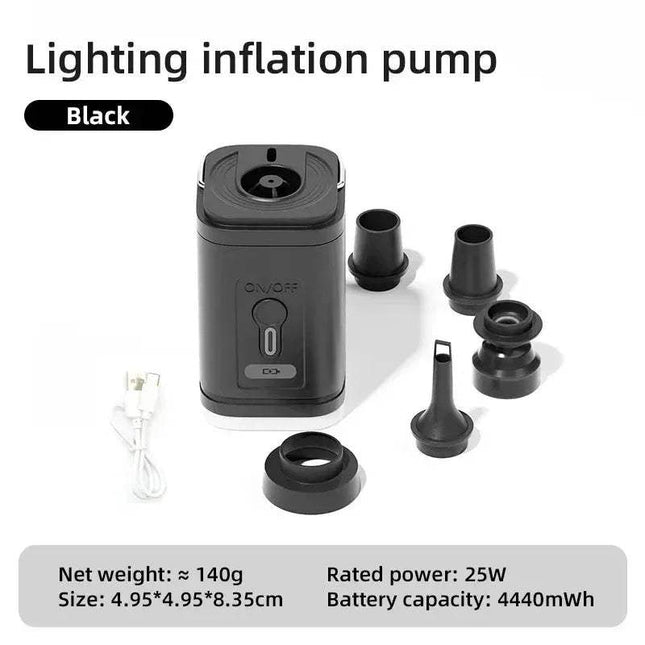 Black Mini Electric Air Pump with accessories on a white background