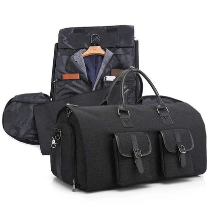 Black Multifunctional Foldable Suit Bag Convertible Travel Duffel Wrinkle-Free Travel with open compartment showing clothing on a white background