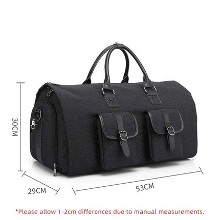 Black Multifunctional Foldable Suit Bag Convertible Travel Duffel Wrinkle-Free Travel with measurements on a white background