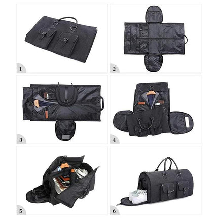 Black Multifunctional Foldable Suit Bag Convertible Travel Duffel Wrinkle-Free Travel showing various stages of being packed on a white background