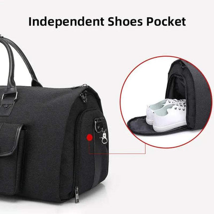 Black Multifunctional Foldable Suit Bag Convertible Travel Duffel Wrinkle-Free Travel with an independent shoes pocket feature, showing white sneakers inside.