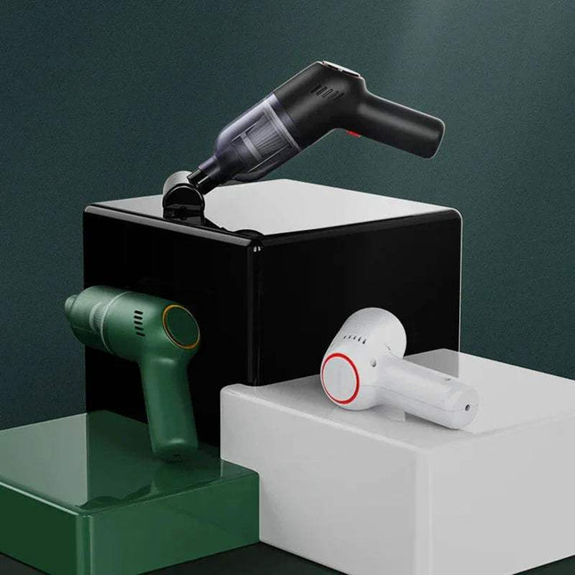 Portable Handheld Car Vacuum Cleaner in various colors displayed on geometric blocks.
