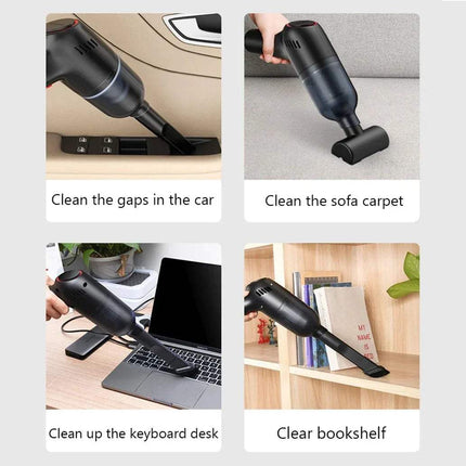 Portable Handheld Car Vacuum Cleaner cleaning car gaps, sofa carpet, keyboard desk, and bookshelf.