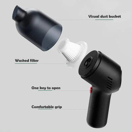 Portable Handheld Car Vacuum Cleaner features a visual dust bucket, washed filter, one key to open, and a comfortable grip.