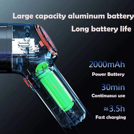 Portable Handheld Car Vacuum Cleaner showing large capacity aluminum battery with 2000mAh power and long battery life.
