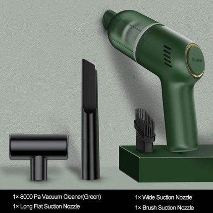 Portable Handheld Car Vacuum Cleaner in green with suction nozzles for efficient car cleaning.