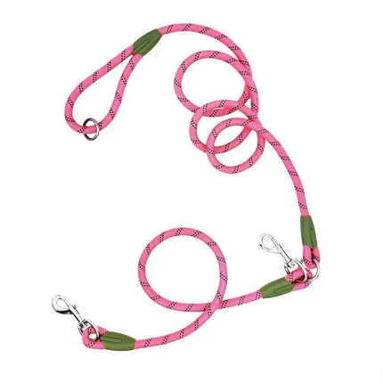Reflective Hands-Free Nylon Leash for Pets in pink color with durable clips and reflective stitching for safety.