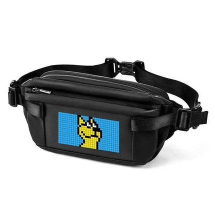 Black Sling Bag with LED Display Bluetooth Programmable LED Fanny Pack with pixelated character design on a white background
