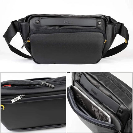 Black Sling Bag with LED Display Bluetooth Programmable LED Fanny Pack with multiple views on a white background