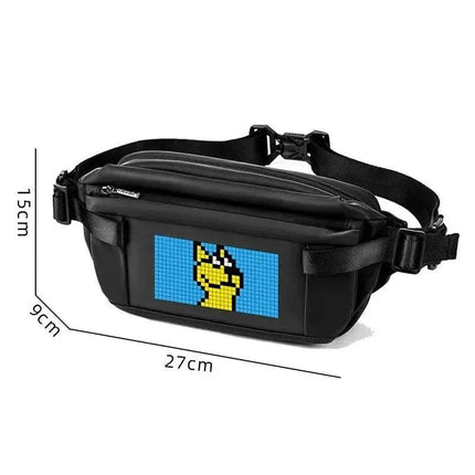 Black Sling Bag with LED Display Bluetooth Programmable LED Fanny Pack with a pixelated design on a white background