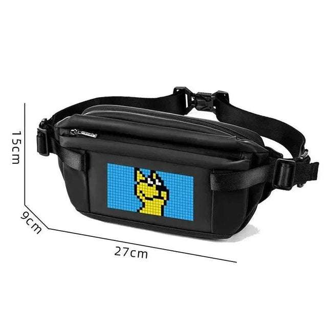 Black Sling Bag with LED Display Bluetooth Programmable LED Fanny Pack with a pixelated design on a white background