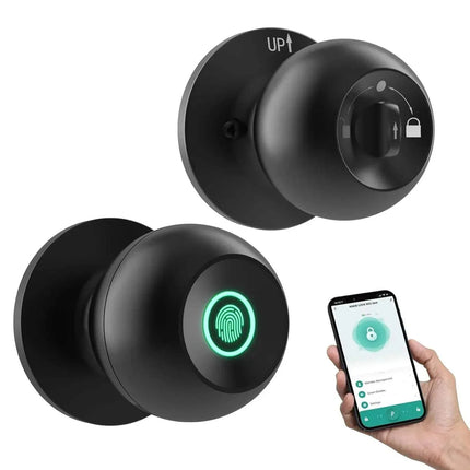 Smart Door Knob featuring biometric access and app control with a fingerprint scanner and mobile device.