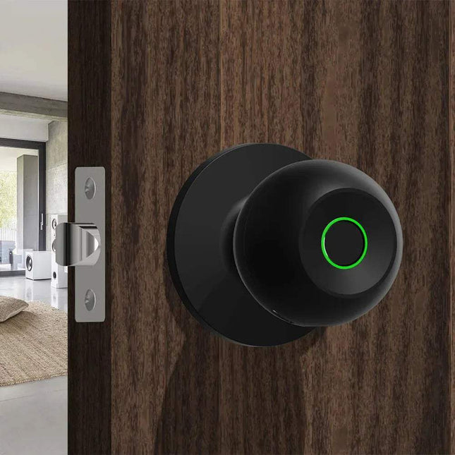 Smart Door Knob shown on a wooden door, featuring a sleek design and a green LED indicator for advanced home security.