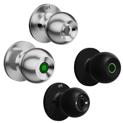 Smart Door Knob variation set featuring biometric access and app control for enhanced home security.