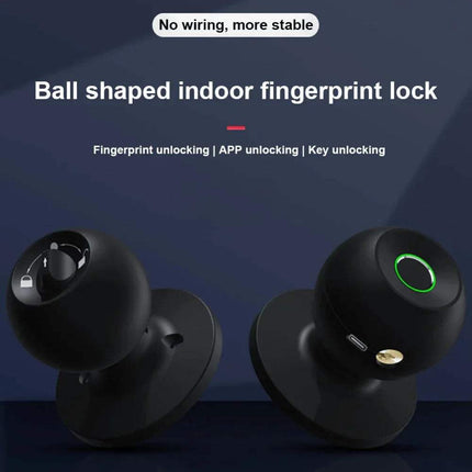 Smart Door Knob featuring ball shaped indoor fingerprint lock with APP unlocking and key unlocking options.