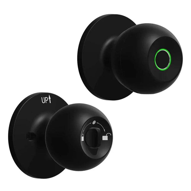Smart Door Knob featuring a sleek black design with biometric security elements for home protection.