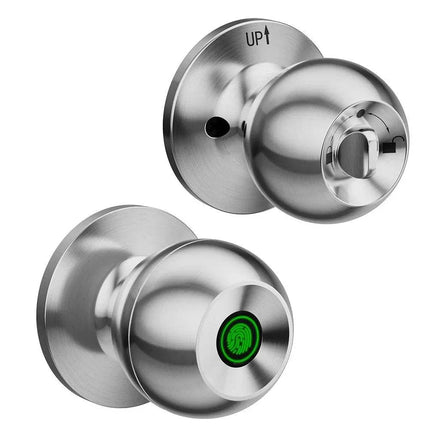 Smart Door Knob featuring a fingerprint scanner and sleek stainless steel design for advanced home security.