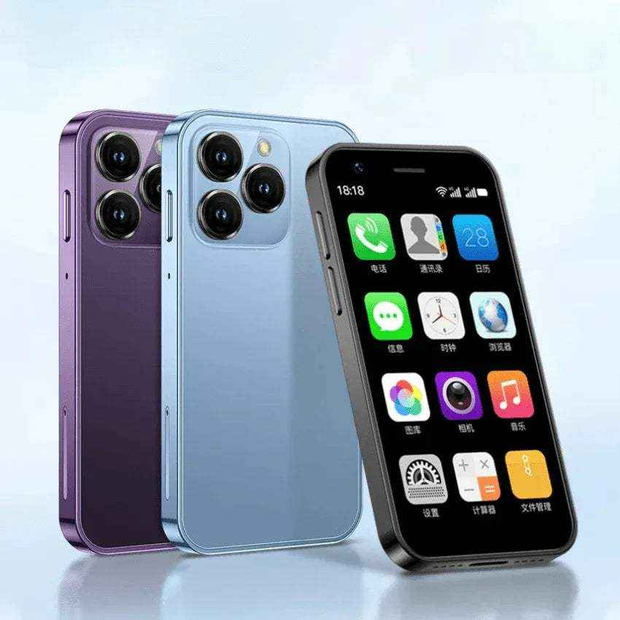 Soyes Mini Android Phone in different colors with a focus on the screen displaying app icons.
