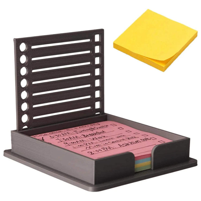 Sticky Note Holder with Template with pink sticky notes and a yellow pad of paper on a white background