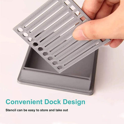 Gray stencil with a hand holding it above a matching gray Sticky Note Holder with Template on a white background.