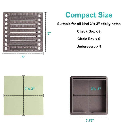 Compact size chart of Sticky Note Holder with Template for 3x3 sticky notes with dimensions and layout options.