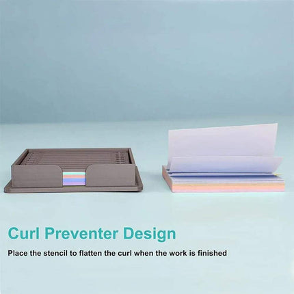 Sticky Note Holder with Template Curl preventer design with a stencil and paper on a light blue background