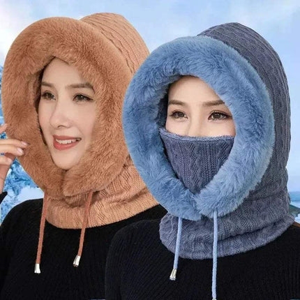 Two people wearing Thicken Knitted Fleece One-Piece Winter Scarf Mask for Women in khaki and blue against a blurred outdoor background.
