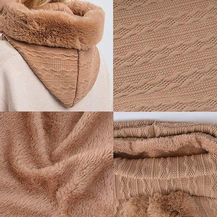 Collage of a khaki Thicken Knitted Fleece One-Piece Winter Scarf Mask for Women with close-up details on a white background