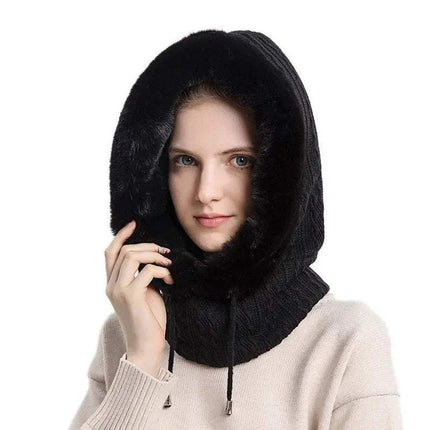 Woman wearing a black Thicken Knitted Fleece One-Piece Winter Scarf Mask for Women with fur lining on a white background