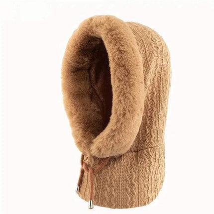 khaki Thicken Knitted Fleece One-Piece Winter Scarf Mask for Women with fur trim on a white background
