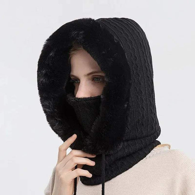 Person wearing a black Thicken Knitted Fleece One-Piece Winter Scarf Mask for Women over their head and face on a light gray background