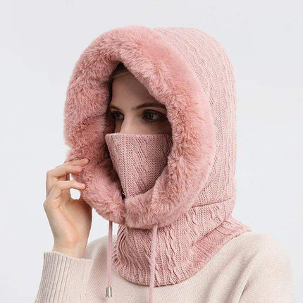 Person wearing a pink Thicken Knitted Fleece One-Piece Winter Scarf Mask for Women on a light gray background