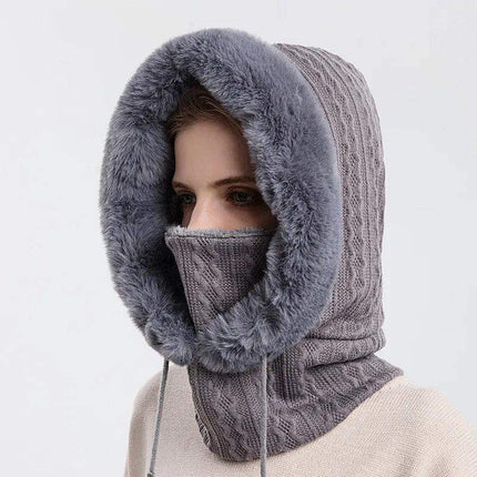 Gray Thicken Knitted Fleece One-Piece Winter Scarf Mask for Women worn by a person on a light gray background