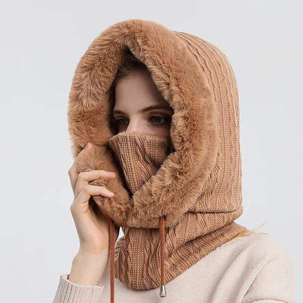 Person wearing a brown Thicken Knitted Fleece One-Piece Winter Scarf Mask for Women on a light gray background