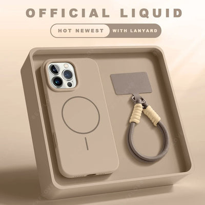 Phone case with lanyard on a beige tray, labeled 'Official Liquid'.