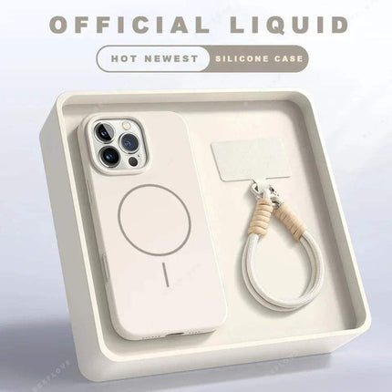 Magnetic iPhone Case with Lanyard Strap MagSafe in a display box with soft-touch silicone design.