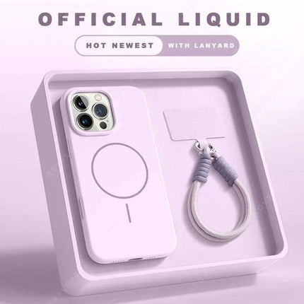 Magnetic iPhone Case with Lanyard Strap in soft-touch silicone, showcased in a stylish packaging.