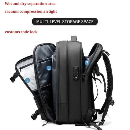 Travel Vacuum Backpack featuring multi-level storage, wet and dry separation, and vacuum compression technology. - - Astoria Lifestyle