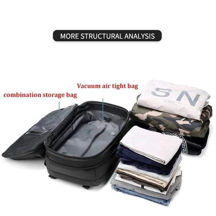 Travel Vacuum Backpack showing structural analysis with compartments for storage and vacuum air tight bag. - Astoria Lifestyle