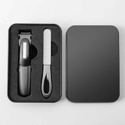 Black Nail Clipper with Catcher Clean & Precise Manicure Tool Kit in a black elegant case on a white background