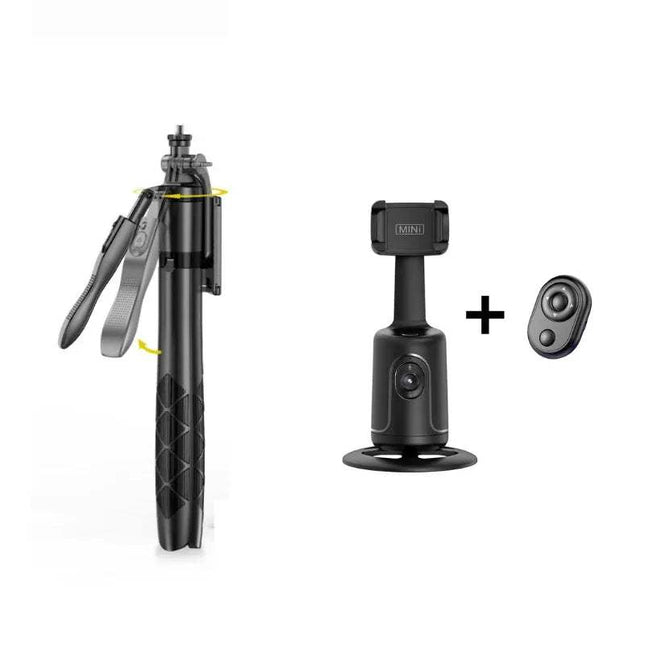 Auto Face Tracking Phone Gimbal with Remote + L16 Selfie Stick Tripod with additional components on a white background