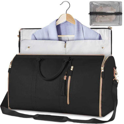 Women Large PU Folding Suit Storage Bag pink with a shirt on a hanger and a clear pouch inside, on a white background